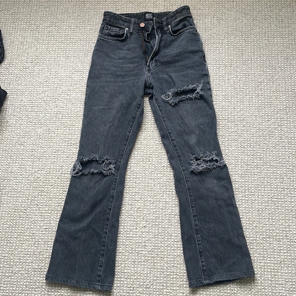 Urban Outfitters, Black ripped jeans. Size 24 at waist, inseam 25.